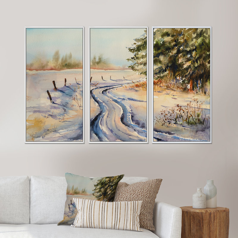 «Snowy Winter Forest Landscape», ensemble d'art mural sur toile encadré champêtre, L 48 po x H 32 po, Blanc
