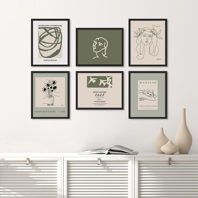 " SIGNLEADER Framed Green Matisse Portrait Flower Wall Art, Set Of 6 Abstract Geometric Wall Decor Prints, Minimalism Wall Decor For Living Room, Bedroom " by Henri Matisse 6 - Pieces