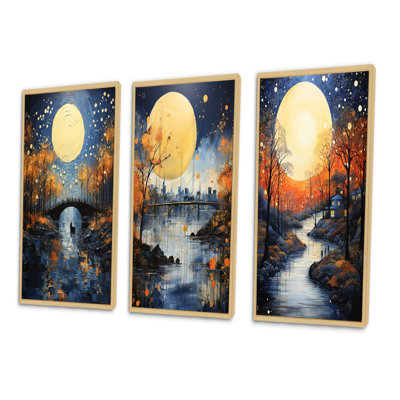 " Yellow Bridge Abstracted Riverine Pointillism " 3 - Pieces