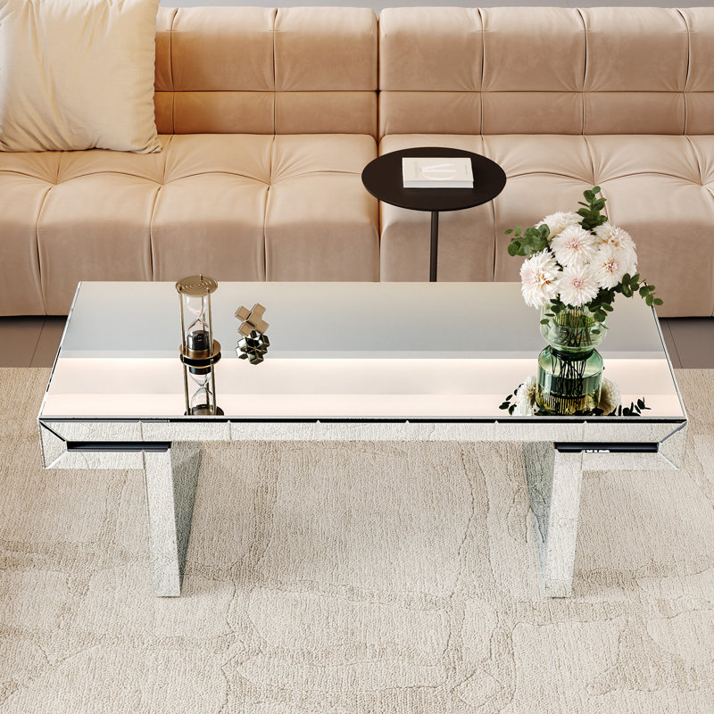 Table basse de luxe à miroir rectangulaire de 47 pouces, verre trempé cannelé, fini à la main, pour les rebords arrière rabattables de style contemporain, utilisation polyvalente dans le salon