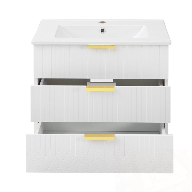 Wall Mounted Floating bathroom cabinet with double drawers, Blanc