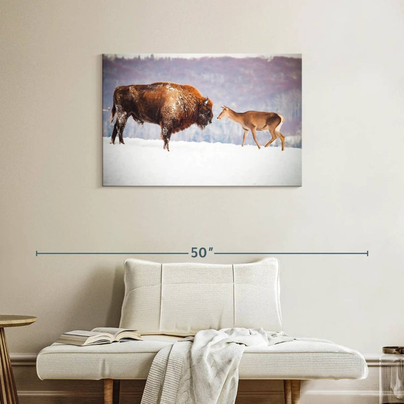 Bison et cerf en hiver, H 24 po x l 36 po