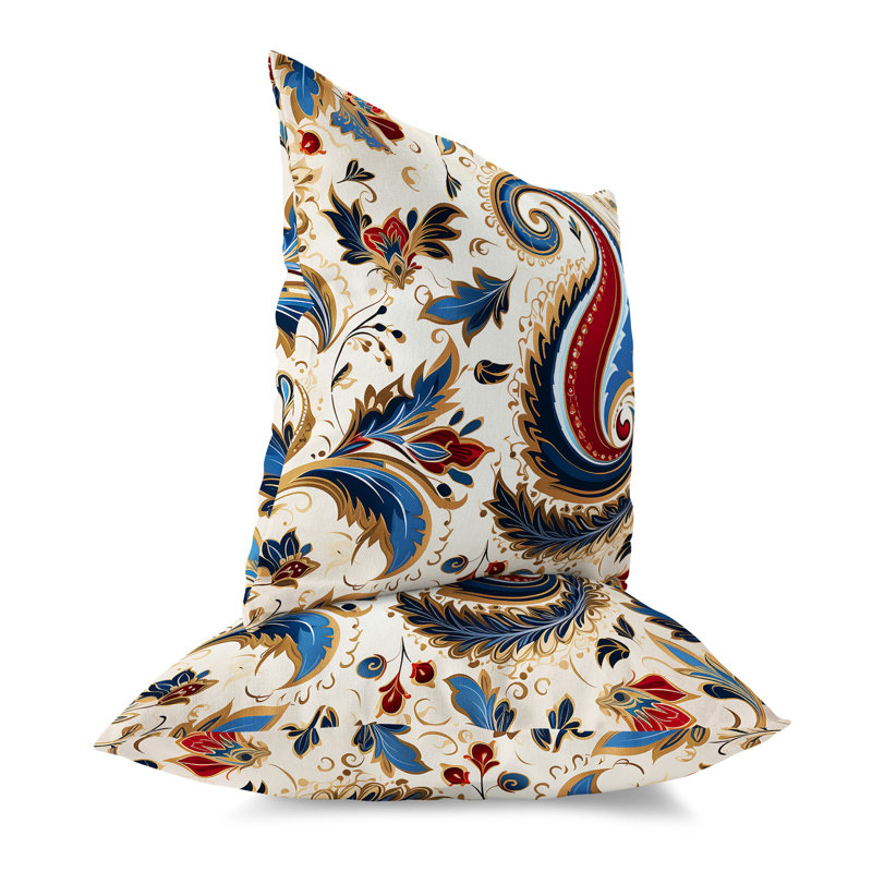Coussin décoratif intérieur / extérieur Lavish Paisley, Bleu / cachemire rouge, H 16 po x l 16 po