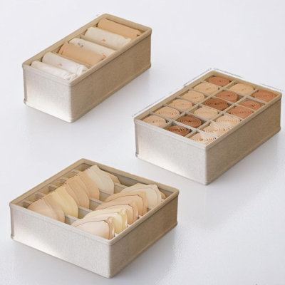 A Beige Three-Piece Set Organic Cotton Linen Fabric Foldable Storage Box For Underwear Socks Bras - Breathable Stackable Space-Saving With PP Board Support - Washable Dustproof Moisture-Resistant