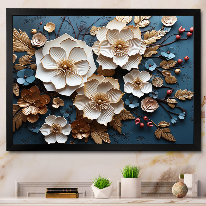 Orchidée bleue et blanche dorée de branches V - art mural floral abstrait, Cadre d'angle fermé noir