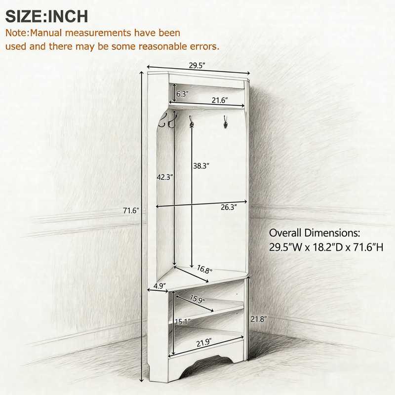 Minimalist Corner Hall Tree With Shoe Bench, Small Space Entryway Coat Rack With 4 Hooks And Adjustable Shelf Cabinet, White