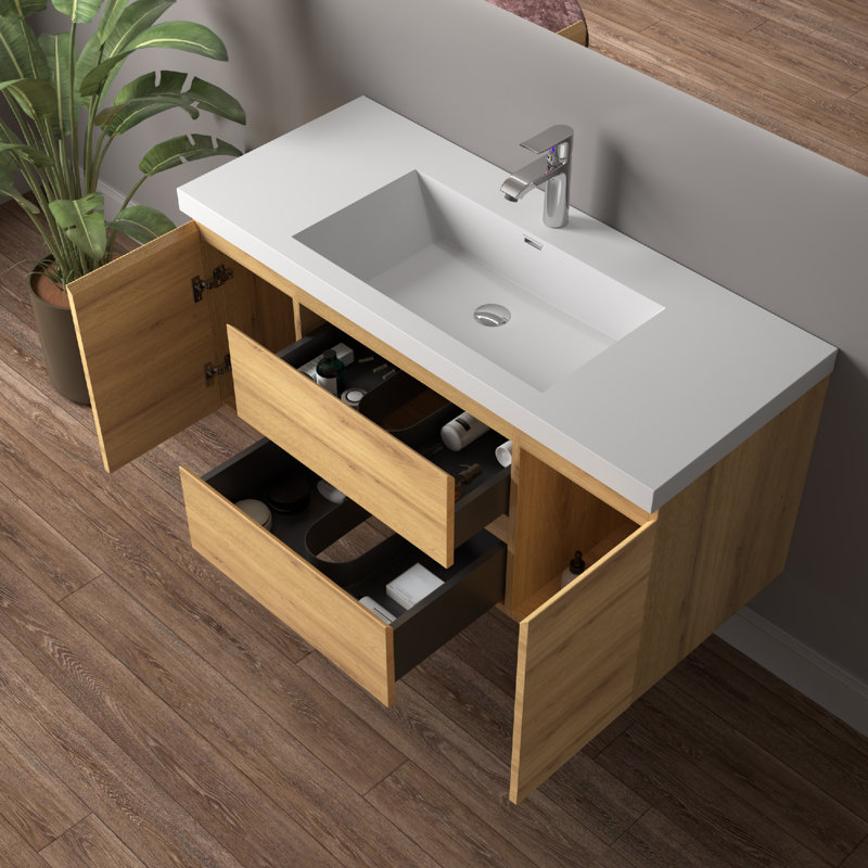 Meuble-lavabo mural simple 48 po avec plateau en pierre blanc brillant et 2 tiroirs A.Oak Modern, 48"