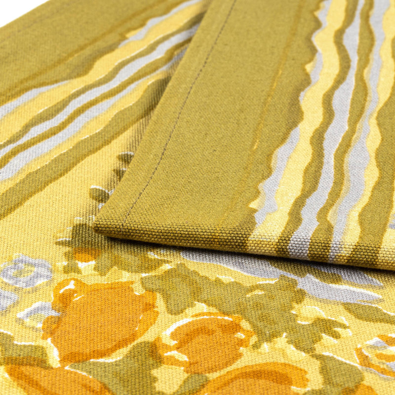 Handcrafted Water Resistant Floral Table Runner, 90" L x 16" W, Mustard/Grey