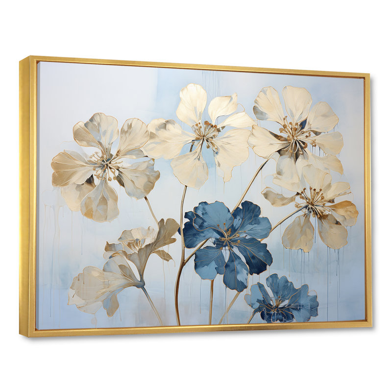 Fleurs de géraniums beiges et bleus, Cadre flottant doré, H 24 po x l 32 po x P 1 po