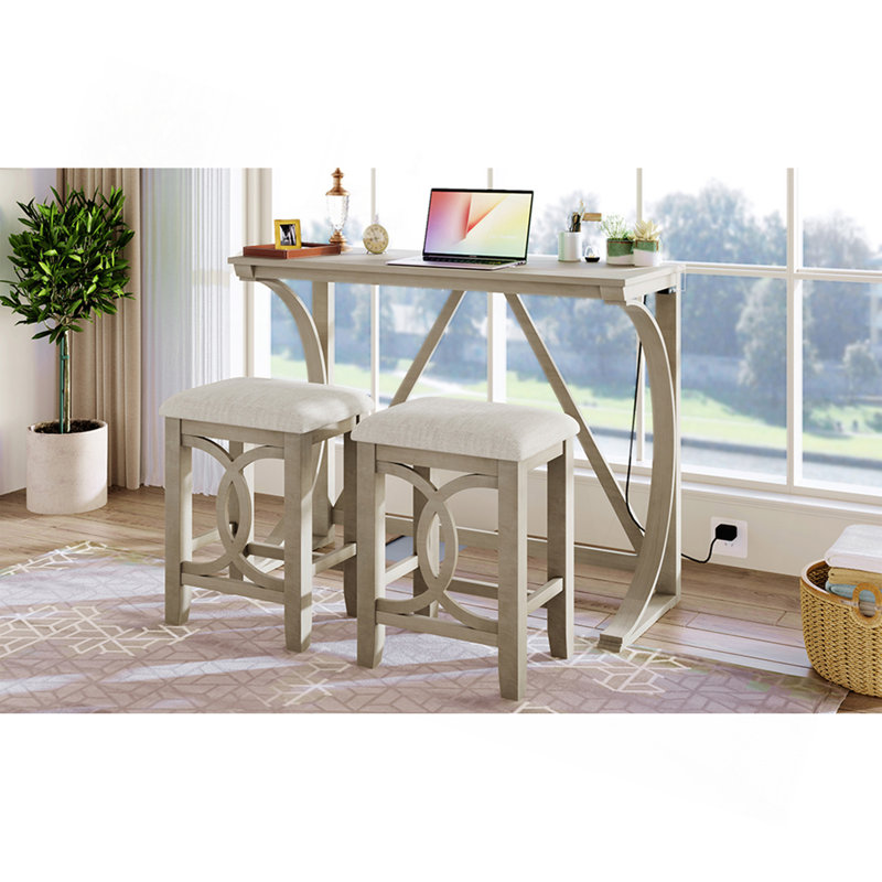 Ensemble de table de salle à manger à hauteur de comptoir 3 pièces Farmhouse avec port USB et tabourets rembourrés, blanc laiteux