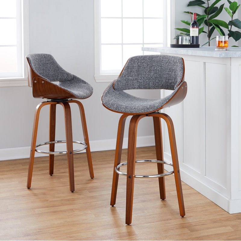 Tabouret de bar et de comptoir Palmona à hauteur fixe avec pieds en bois courbé et repose-pieds rond (ensemble de 2), gris