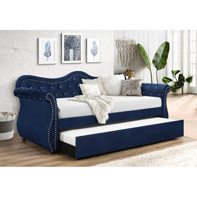 Lit de jour en velours bleu marine avec lit gigogne et fabrication en bois massif - Décoration élégante en touffes de cristal, courbée confortable, décoration contemporaine dans un cadre, touffes merveilleuses, chambre à coucher moderne
