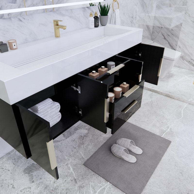 Ensemble de meuble-lavabo mural simple 59 po Glasgow, Noir ultrabrillant