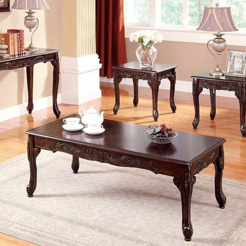 Table basse 3 pièces Pieds de cabriole de style cerisier foncé de style traditionnel et conception complexe 1 table basse 2 tables de bout, 2 tables de bout