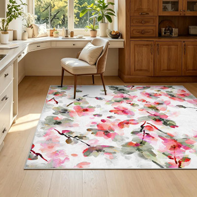 Pink Watercolor Spring Cherry Blossom Flower Water Color Seamless Abstract Machine Washable Indoor Area Rug