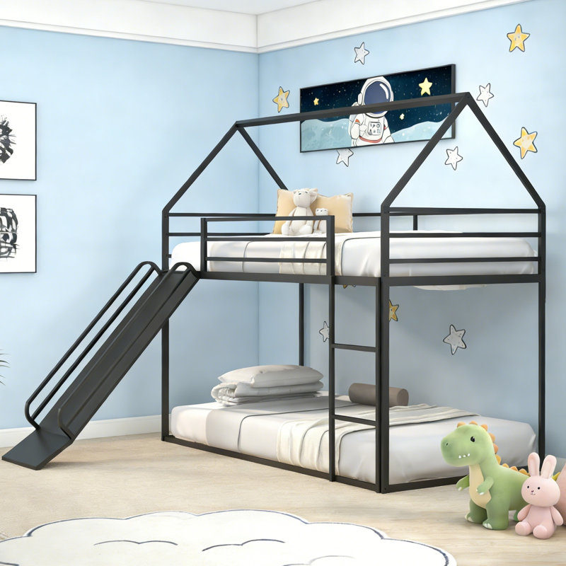 Twin Over Twin Metal Frame Kids Bunk Bed With Slide & Ladder, Black