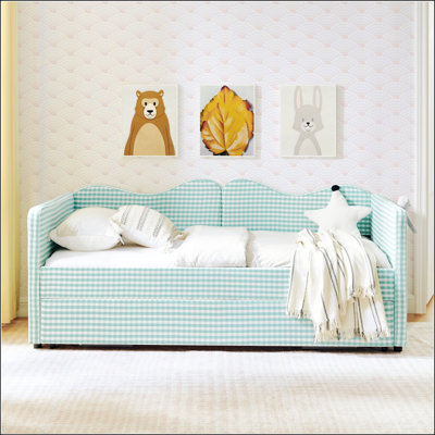 Lit de jour simple tapissier en vichy avec couchette coulissante, rangement latéral et structure en bois massif pour enfants et chambres d'amis