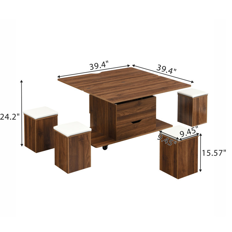 Elviera Multi-Functional Lift-Top Coffee Table With Hidden Storage, 4 Stools, And Lockable Wheels, Walnut