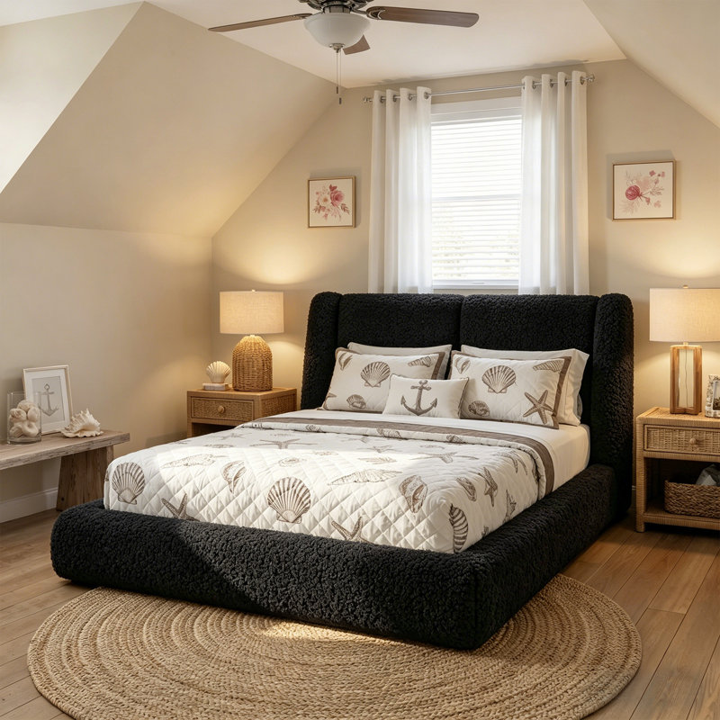 Structure de lit tapissier Cloud, lit rembourré en tissu doux avec tête de lit à oreilles de 5 po d'épaisseur, lit plateforme pour chambre à coucher moderne, assemblage facile et sans sommier