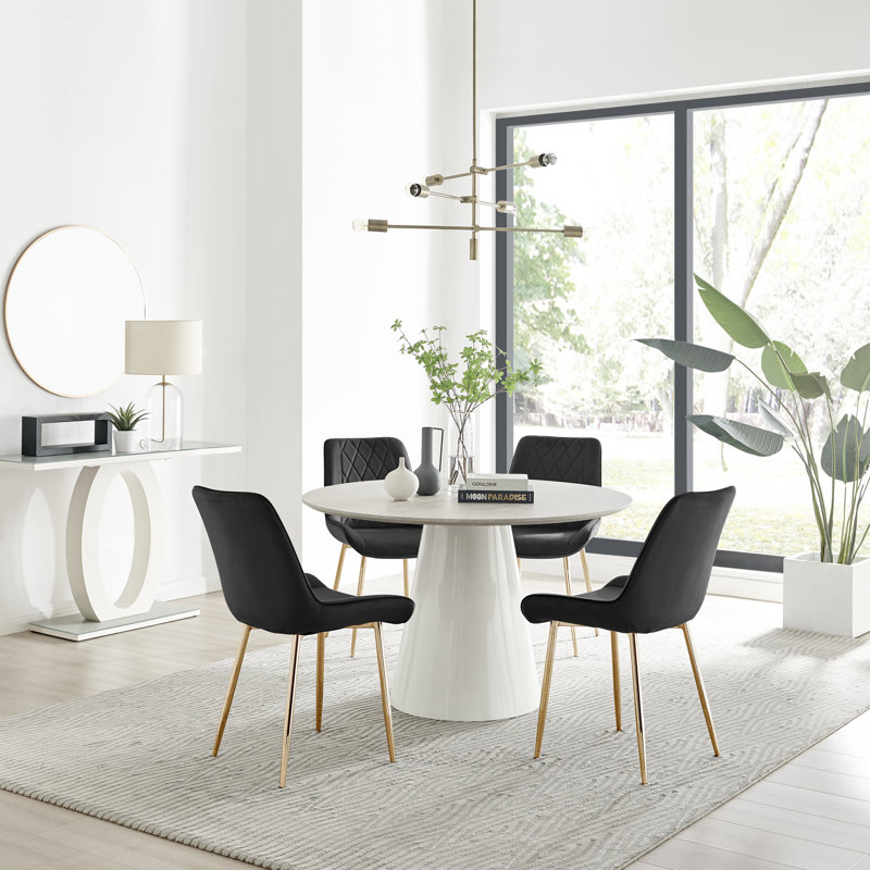 Edzard Statement 4 Person Round Dining Table Set in Luxury Stone Effect - Velvet Dining Chairs, Black/Gold