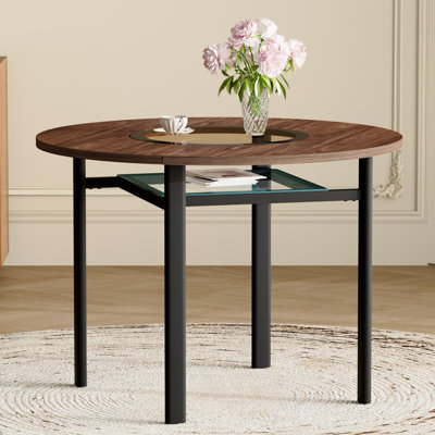 Table de salle à manger ronde moderne minimaliste de 42 po en grain de bois brun convenant à 4 à 6 personnes (incrustation de verre brun + support stable en métal, adapté à de multiples cas de figure).