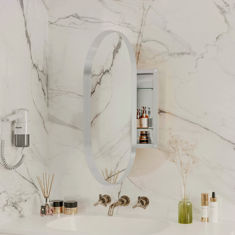 20X34 Inch Oval Recessed Medicine Cabinet, Metal Framed Bathroom Wall Cabinet With Mirror And Adjustable Shelves, Wall Mirror With Storage For Bathroom