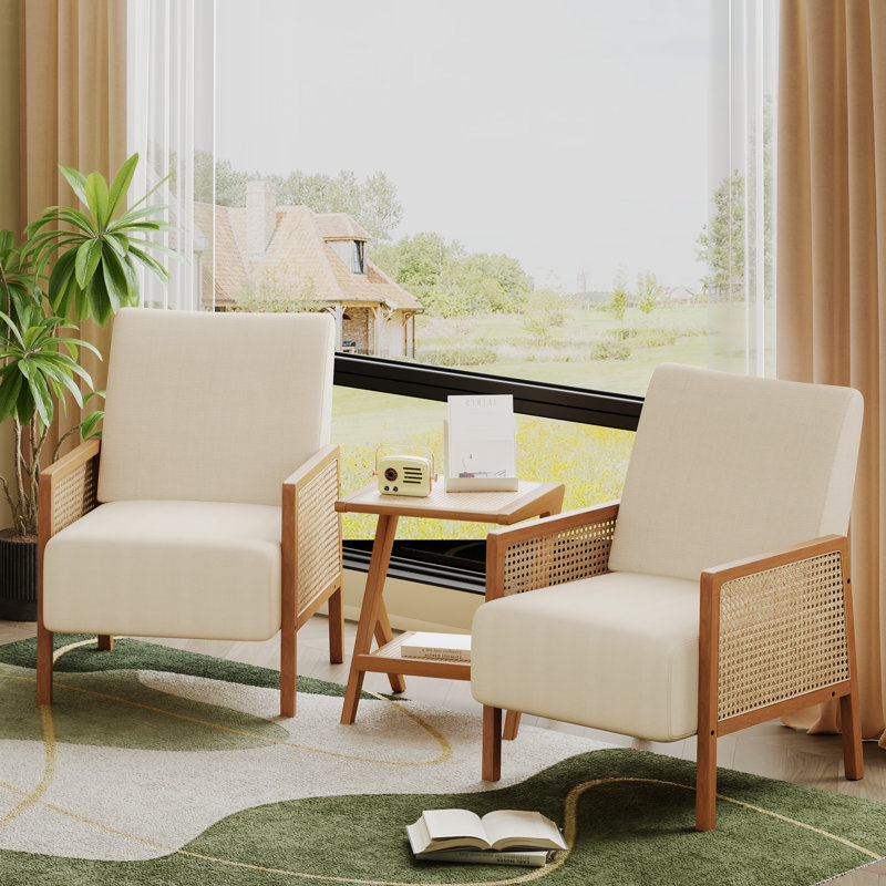 Upholstered Accent Chair With Rattan Arms And Solid Wood Legs, Ivory Linen