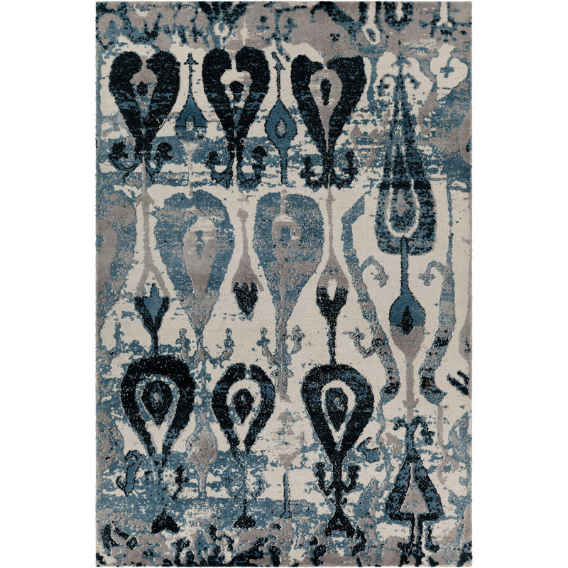 Tapis bleu / ivoire en laine touffetée à la main Pericles Ikat, Rectangle 5 pi x 7 pi 6 po