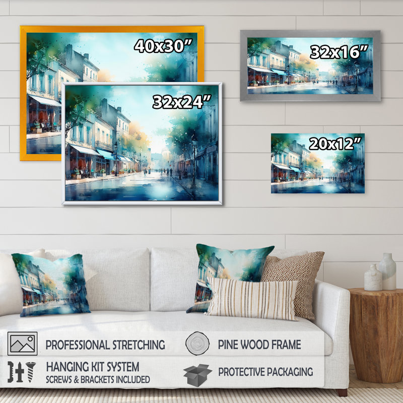 «Blue and Green French Small Town», reproduction d'art sur toile, Cadre photo noir, H 12 po x l 20 po x P 1 po