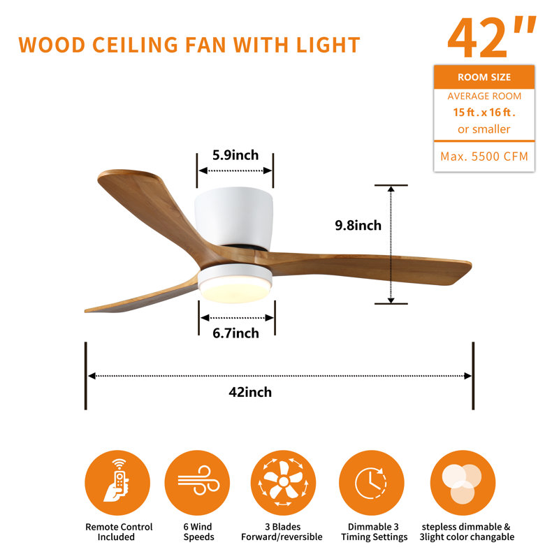 42 Inch Modern Low Profile Wood Ceiling Fans With Lights And Remote, Farmhouse Flush Mount 6 Speed Reversible DC Motor Ceiling Fan For Bedroom