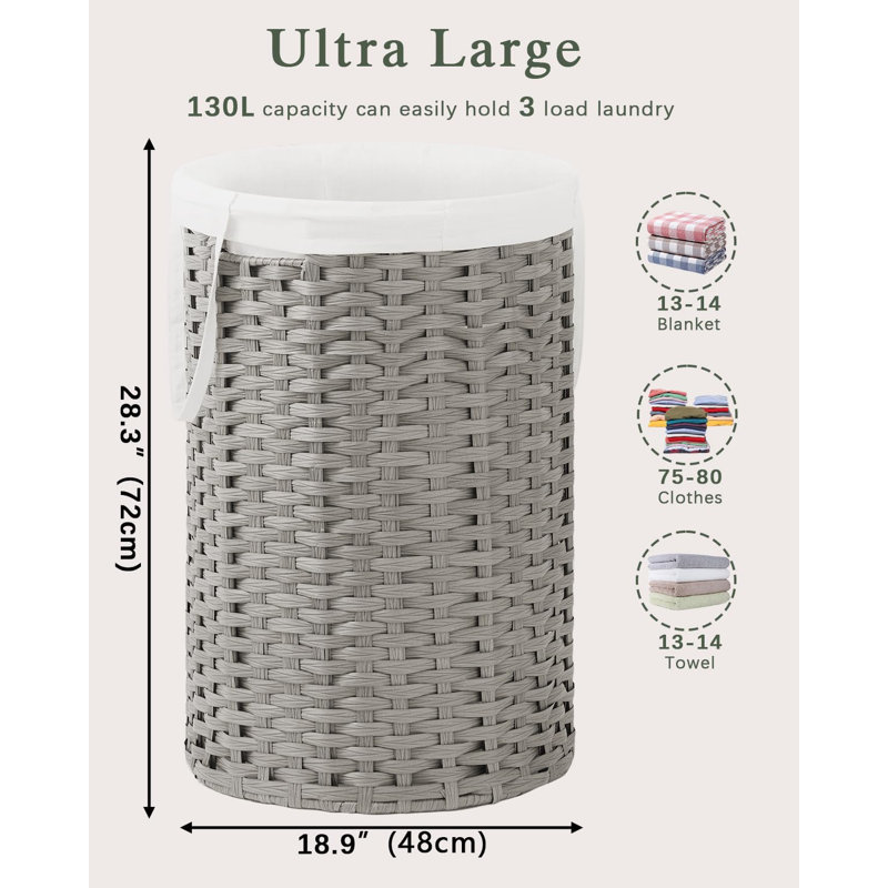 Large Woven Laundry Hamper Basket With Removable Liner And Handles - Handwoven Rattan Design, Sturdy Metal Frame, Foldable For Space Saving, Includes 2 Mesh Bags For Organization