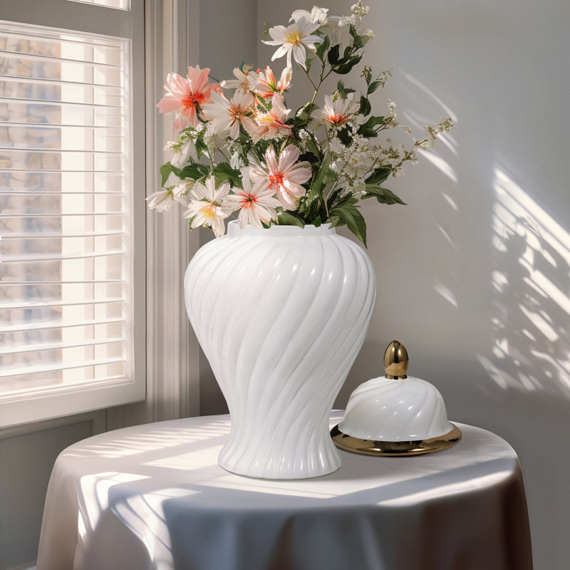 Decorative Ribbed Tall Ceramic Jar with Lid for Home Decor - Sculptural Swirled Table Jar Accent for Entryway Consoles and Tabletop Styling - 20", White