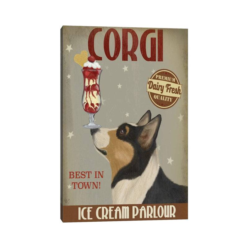 Corgi, Black And Tan, Ice Cream by Fab Funky - Wrapped Canvas Painting, 66.04cm H x 45.72cm W x 1.91cm D