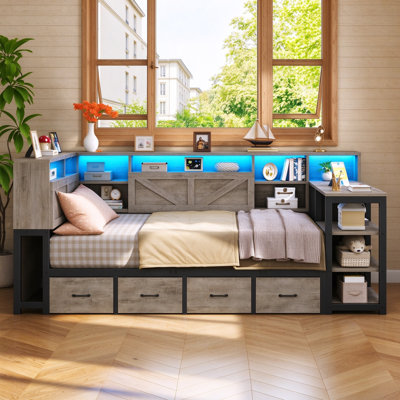 Lit de jour simple avec 7 tiroirs de rangement et bureau, lit plateforme convertible avec tête de lit bibliothèque et armoire, lit d'invité peu encombrant pour les petites pièces