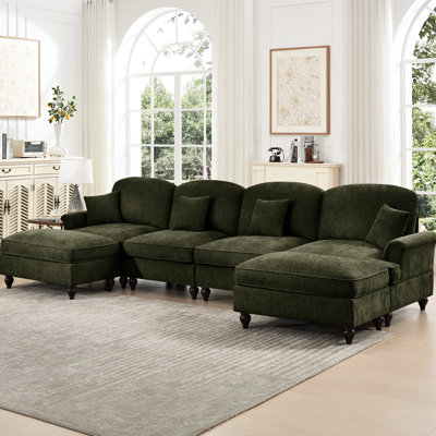 Chenille classique à 4 places en forme de U avec dossiers en forme de fleur, accoudoirs évasés, volants amovibles et pieds fuselés, repose-pieds en nuage mobile, dossier à coussin incurvé, détachable