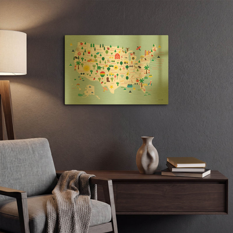 Carte amusante des États-Unis par Ann Kelle, décor mural en métal doré, 61 x 41 cm, 24 po x 16 po