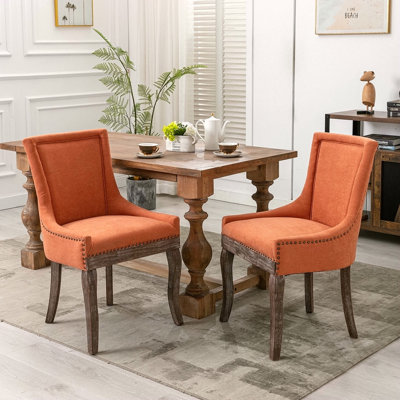 Meuble, chaise de salle à manger Ultra Side, chaises en tissu épaissi avec pieds en bois massif aux tons neutres, tête de clou bronze, ensemble de 2