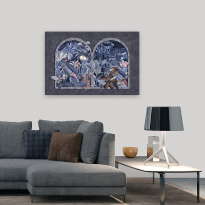 Affiche murale représentant des perroquets bleus de la jungle, des fruits et des éléments naturels
