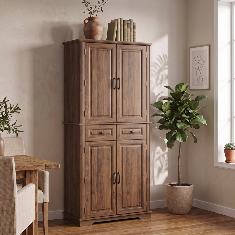 Armoire de cuisine de 180 cm de haut, de style ferme, à texture en relief, autoportante, avec 3 compartiments coulissants, 6 étagères de porte et 2 tiroirs, idéale pour la cuisine ou la salle à manger.