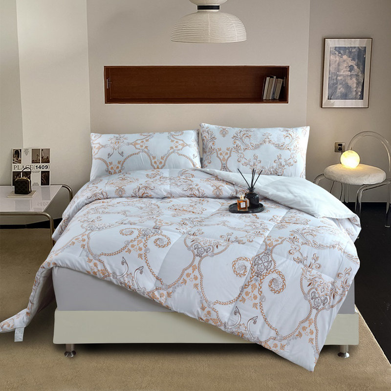 Shubozeman Cotton Blend Floral Comforter, King Comforter + 2 King Shams, White/Gold