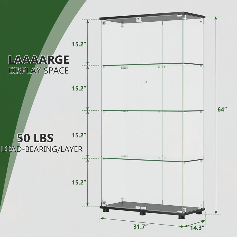Glass Display Cabinet with 4-Shelf Double Doors and Lock, Curio Cabinet 5mm Tempered Glass Floor Standing Bookshelf for Living Room, Bedroom, Office, 64 x 31.7 x 14.3 in, Black