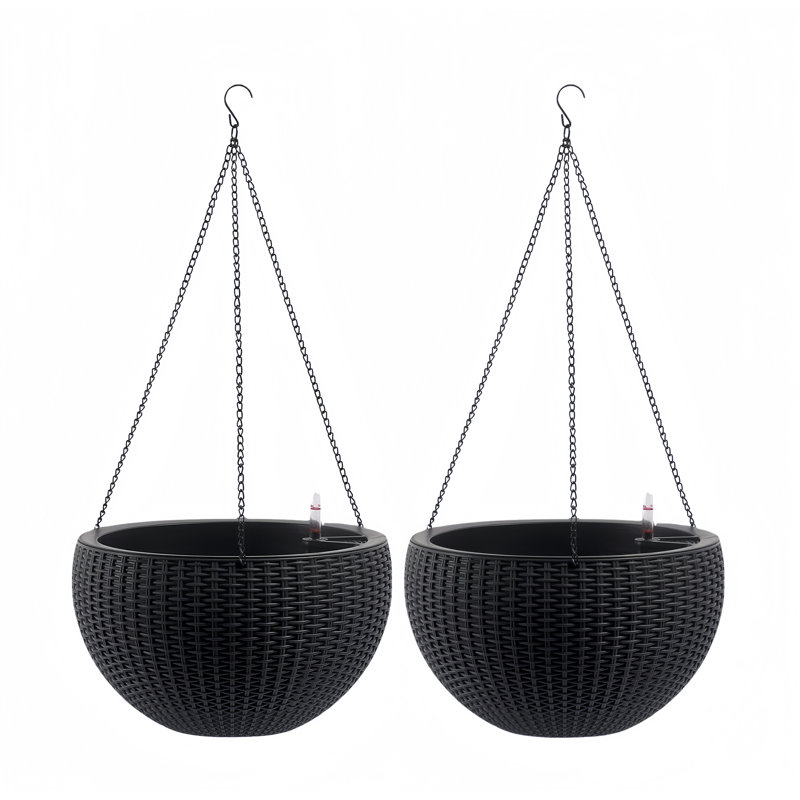 13 In. W Plastic Rattan Hanging Round Planter Set With Self-Watering System (2-Packs), Black