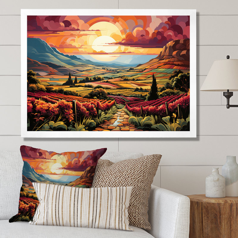 «Vineyard Sunset Rows Of Ruby Landscape II», reproduction sur toile, H 30 po x l 40 po x P 1,5 po, Cadre photo blanc