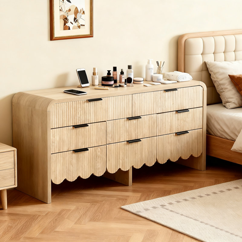 Fluted 8 Drawers Dresser, 59" Wide Modern Chest Of Drawers With Metal Handles, Curved Edge Design, Dresser TV Stand, Modern Dressers With Wave Texture For Bedroom, Living Room, Hallway