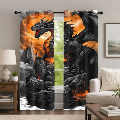 2Pcs Dragon Pattern Curtains, Fantasy Style Curtain, Artistic Fire and Castle Printed Grommet Drapes, Window Treatment for Bedroom Living Room Decor