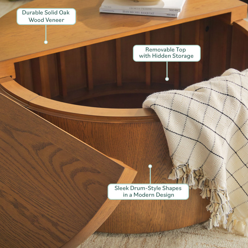 Aaric Modern Easy Assembly Round Solid Oak Wood 36" Coffee Table with Hidden Storage, Medium Brown Oak