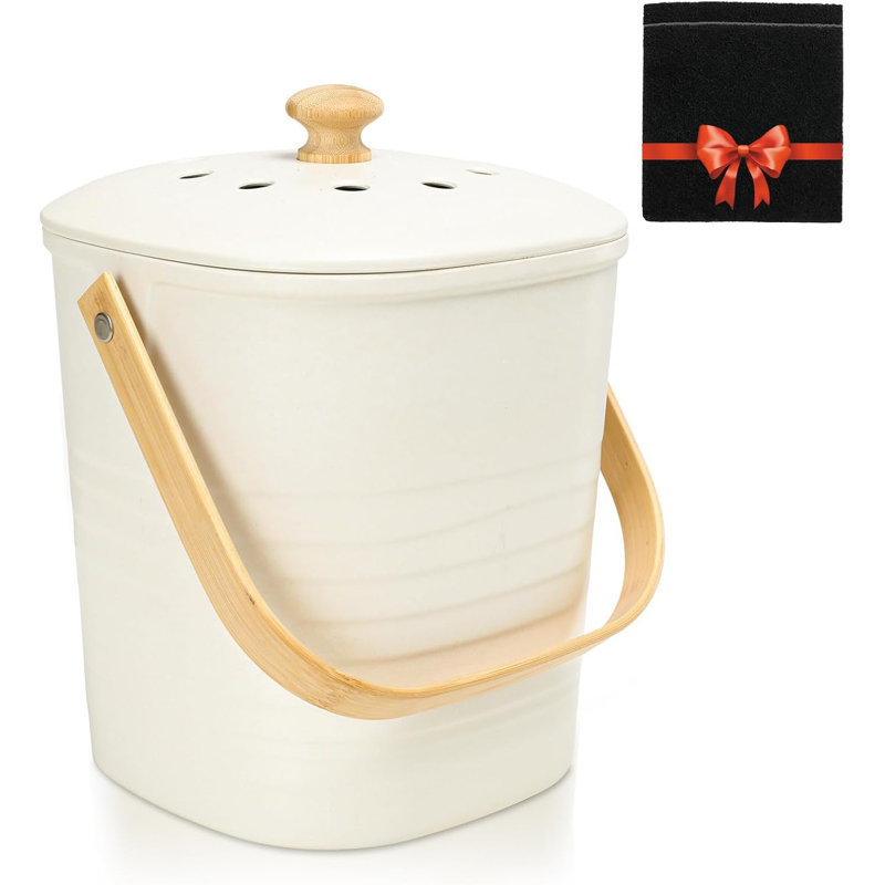 Bac à compost de cuisine avec couvercle et 2 filtres à charbon, seau à compost sans odeur pour comptoir de 1,3 gallon, contenant à déchets en métal blanc pour déchets de cuisine