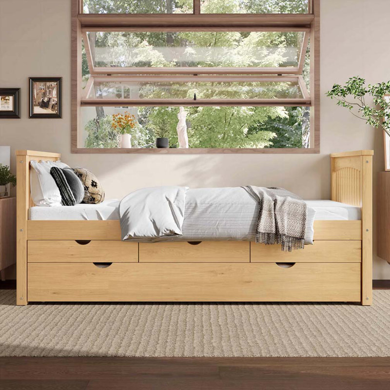 Bed with Drawers and Trundle, Solid Wood Daybed, No Spring Box Needed, Natural
