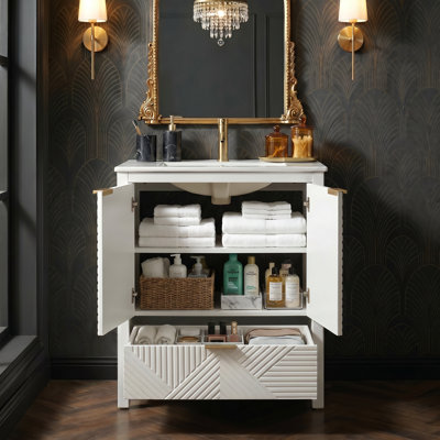 24" Freestanding Bathroom Vanity With Sleek Ceramic Sink, Stylish Diagonal Textured Doors, Single-Hole Faucet Design, Spacious Storage Cabinet With Drawer, Walnut Brown