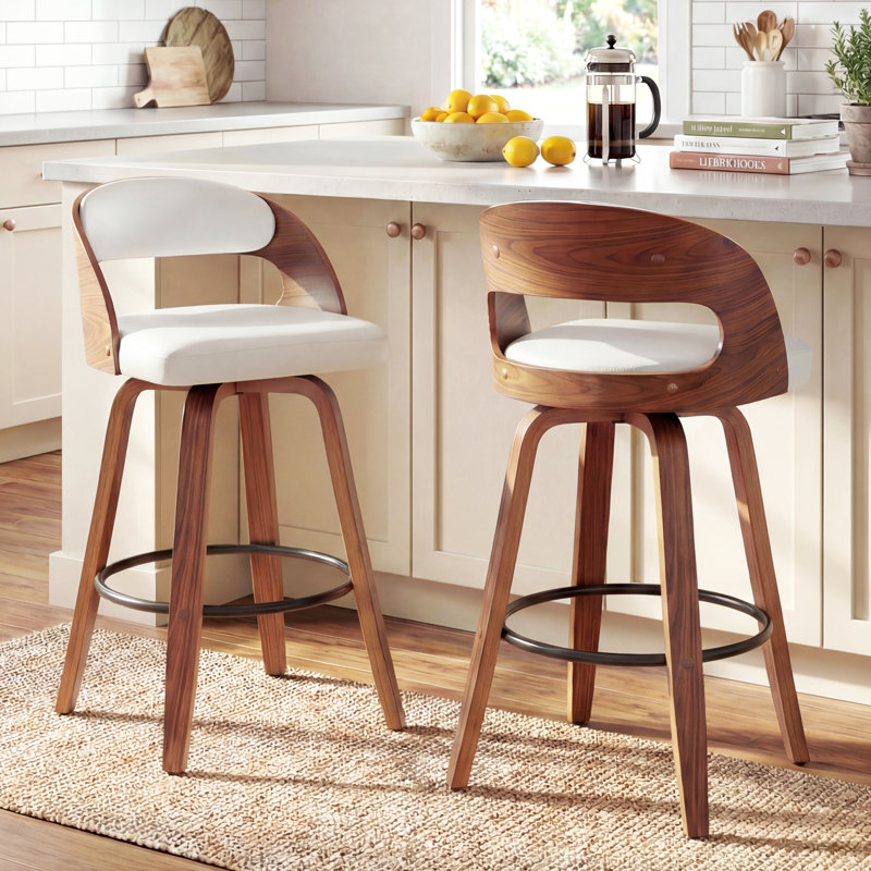 Swivel Upholstered and Faux Leather Bar Stool, White, Counter Stool  (63.5cm Seat Height)
